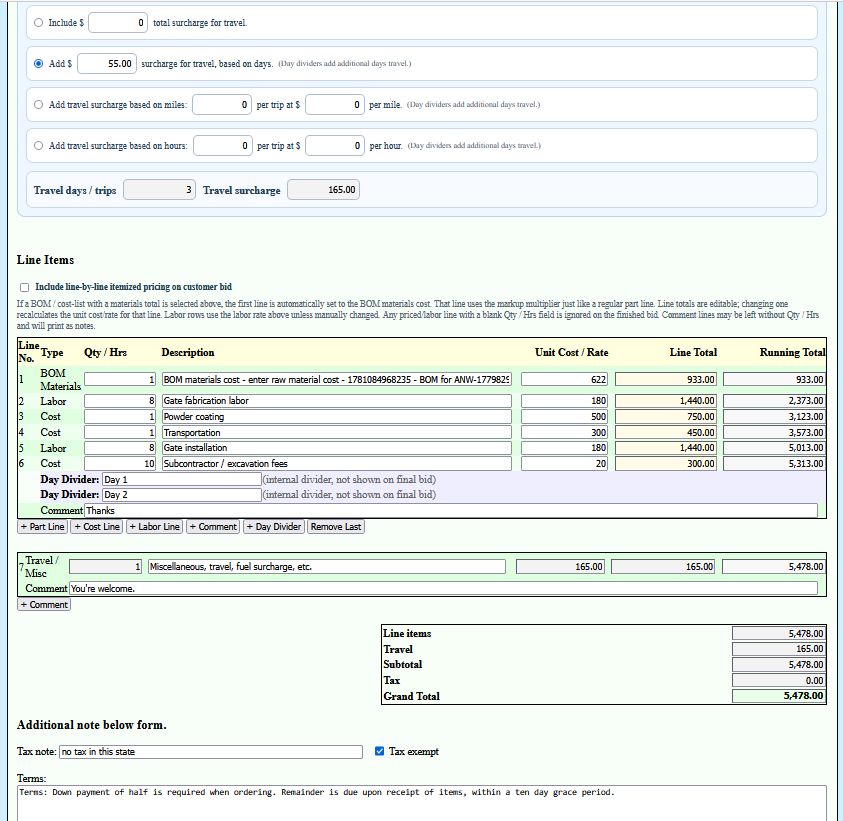 Subscriber bid creation page for driveway gate project