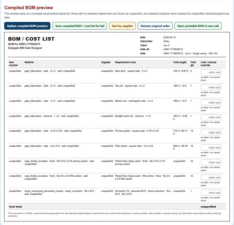 Gate BOM and cost list tool for subscriber gate estimating