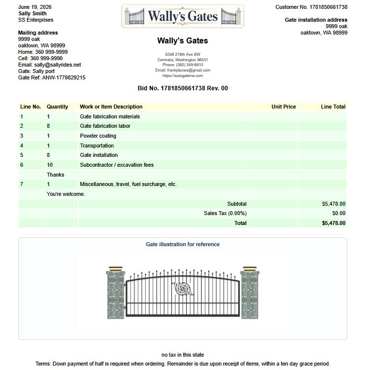 Saved gate bid with bid number and revision number