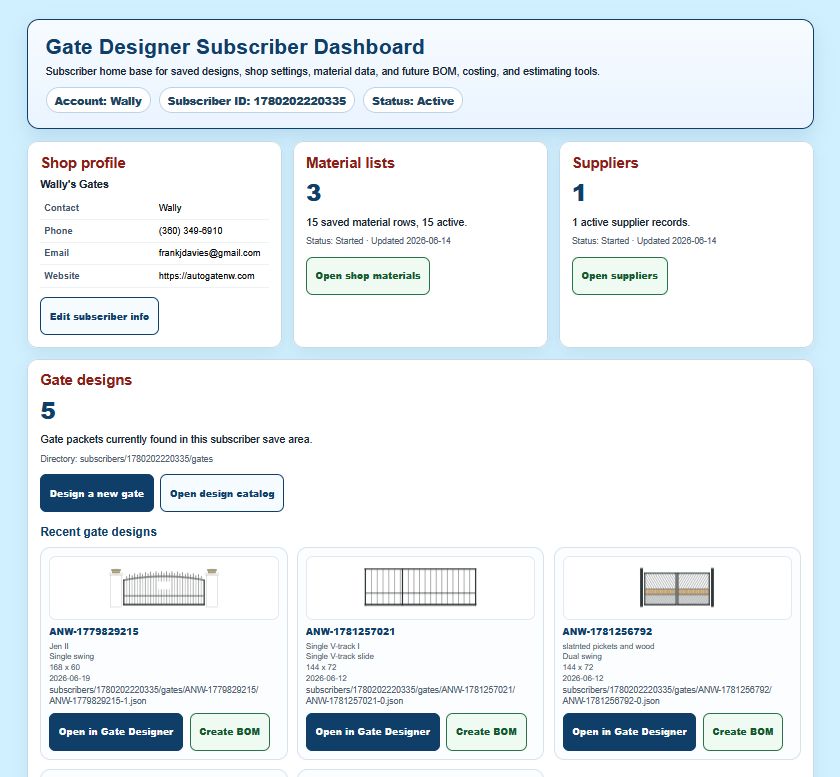 Subscriber dashboard for online gate design software